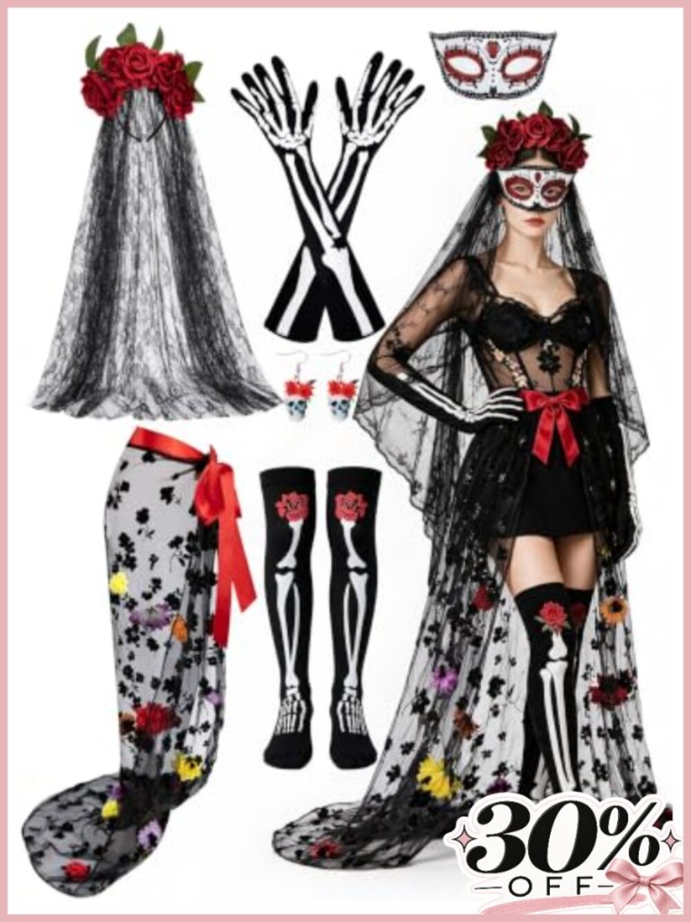 6 Pc Day of the Dead Women Costume Set Mexican Dia De Los Muertos Outfit